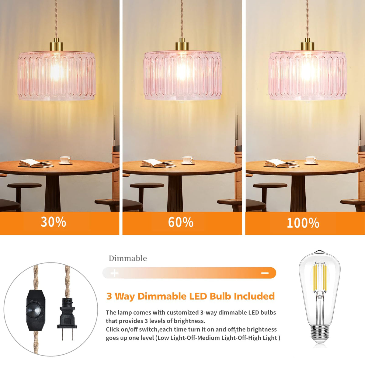 Pink Plug in Pendant Light Glass Hanging Lights with Plug in Cord Boho Hanging Lamp Gold Mid Century Modern Vintage Dimmable Flower Plug in Chandelier Ceiling Fixture for Living Room (Pendant Light-20)
