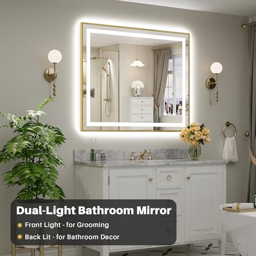 48x40 Inch LED Bathroom Mirror with Gold Frame (Backlit+front Lit With Gold Frame / 48"L x 40"W)