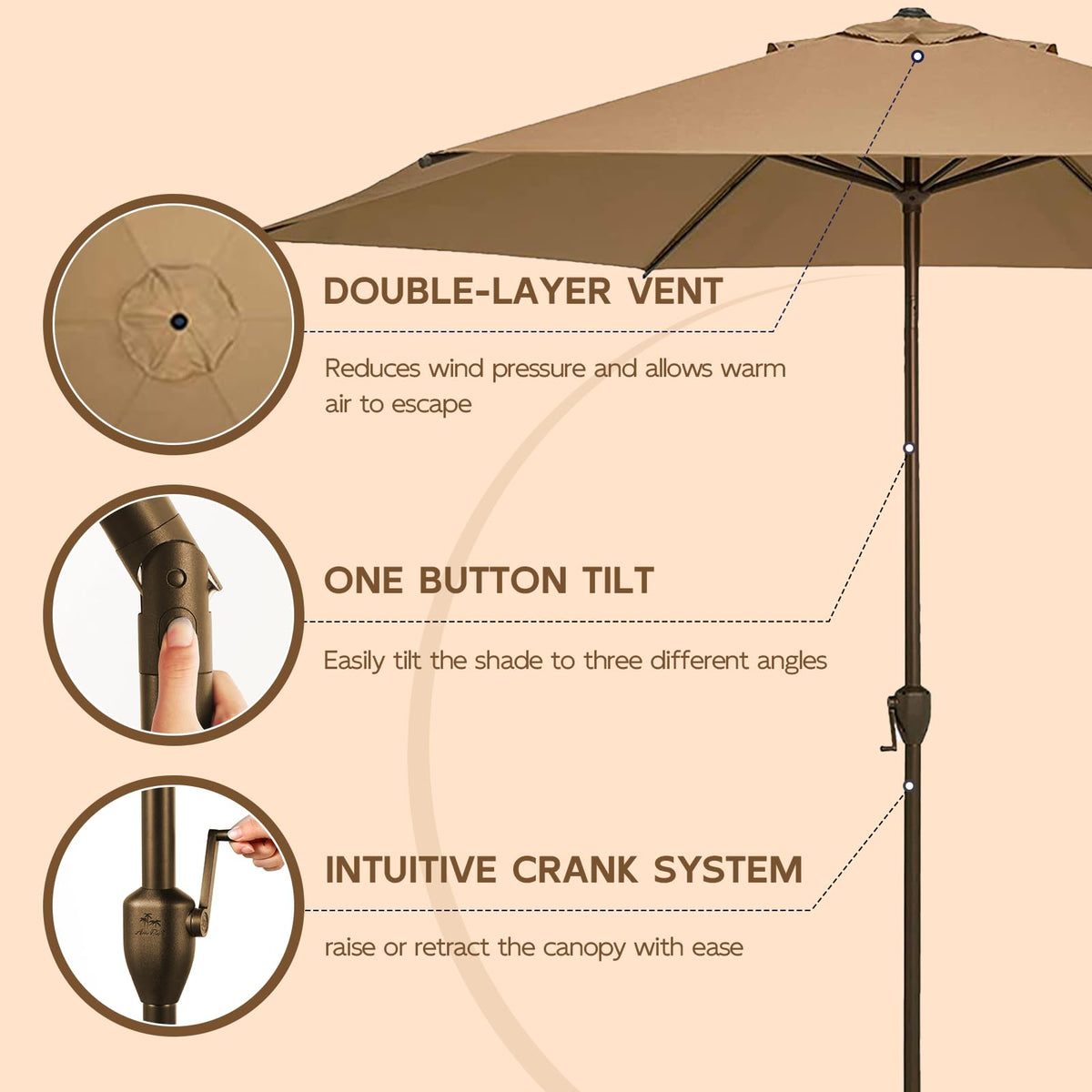 11FT Outdoor Patio Umbrella Outdoor Table Umbrella with Crank Market Umbrella 6 Sturdy Ribs UV Protection Waterproof and Push Button Tilt for Garden Deck Backyard Pool (11 FT(6 Ribs) / Tan)