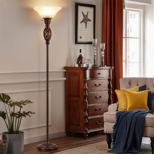 70" Torchiere Floor Lamp with NightLight & Etched Glass Shade (Brown)