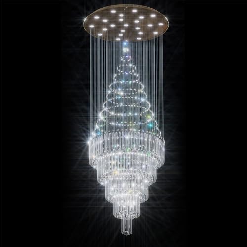 D40''x H110'' Modern Round Crystal Chandelier LED Dimmable Large Crystal Raindrop Chandeliers High Ceiling Tier Chandeliers for Foyer Stairwell Entryway Living Room Silver (Silver / D40"X H110")