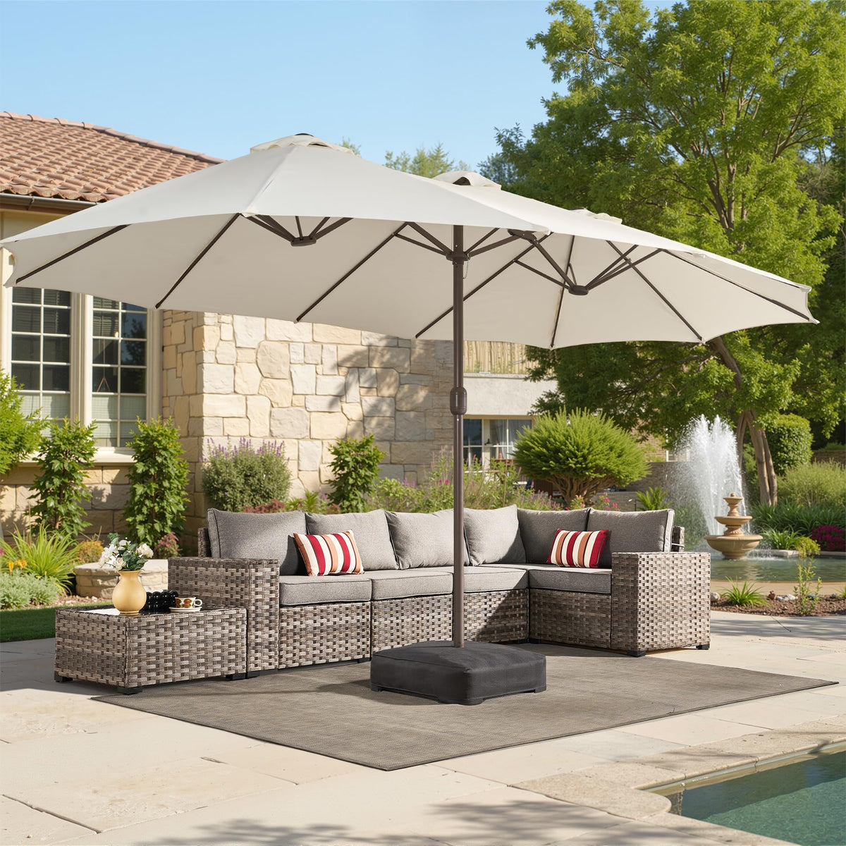 15 Ft Double Head Umbrella Outdoor Patio With Base (White)