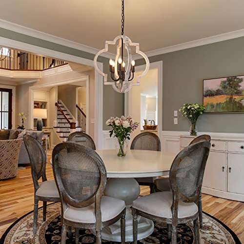 6 Light 21" Farmhouse Orb Chandelier Rustic Handmade Distressed White Wood Hanging Ceiling Pendant Light Fixture Wood Lantern Chandeliers for Dining Room Kitchen Bedroom Foyer Hallway (Textured-White / D21" x H21" 6-Light)