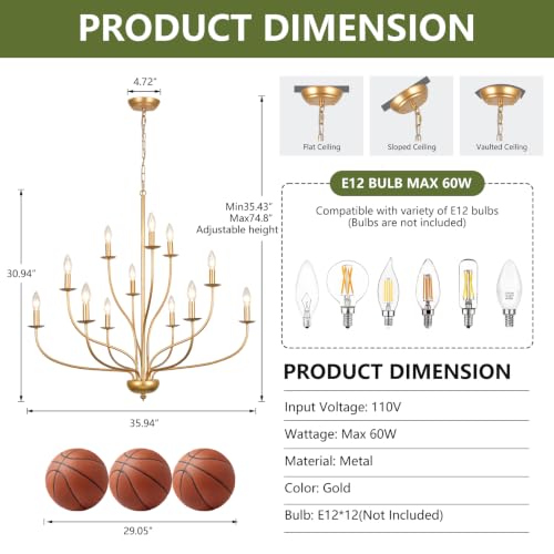 12 Light Gold Chandelier for Dining Room (Gold / 12-Light 36")