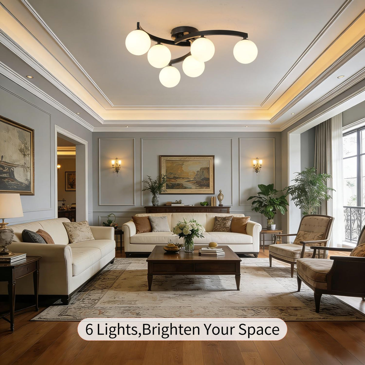 Modern Mid Century Black Glass Globe Semi Flush Mount Ceiling Light Fixture (6 Light)