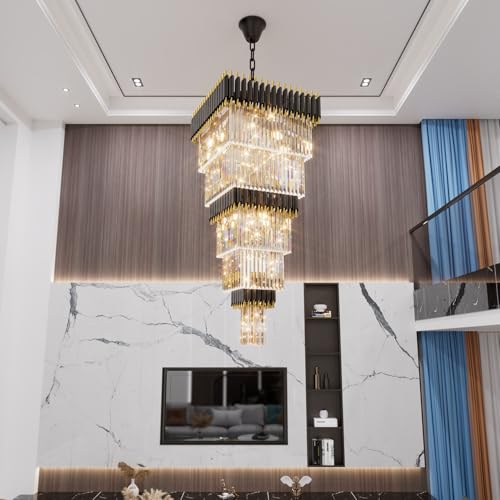 Modern Black and Gold Crystal Chandelier Large Foyer Chandelier for High Ceiling Long Entryway Chandeliers Adjustable Chain for Hall Living Room Entrance Staircase W24 x H80 17 Lights (D24"XH80" Black)