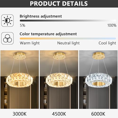 8" Ring Modern LED Dimmable Crystal Chandelier Adjustable Height Pendant Light Round Crystal Chandelier Light Fixtures for Dining Room Living Room Kitchen Island Gold (Gold / 1 Ring Round 8")