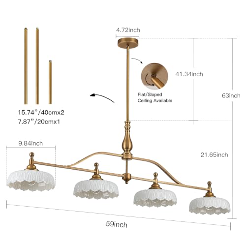 Chandeliers Brass Vintage Pendant Lighting Fixtures 4 Lights Chandelier White Glass Hanging Lamp for Island Dining Room Living Room (Brass and White / 59inch)