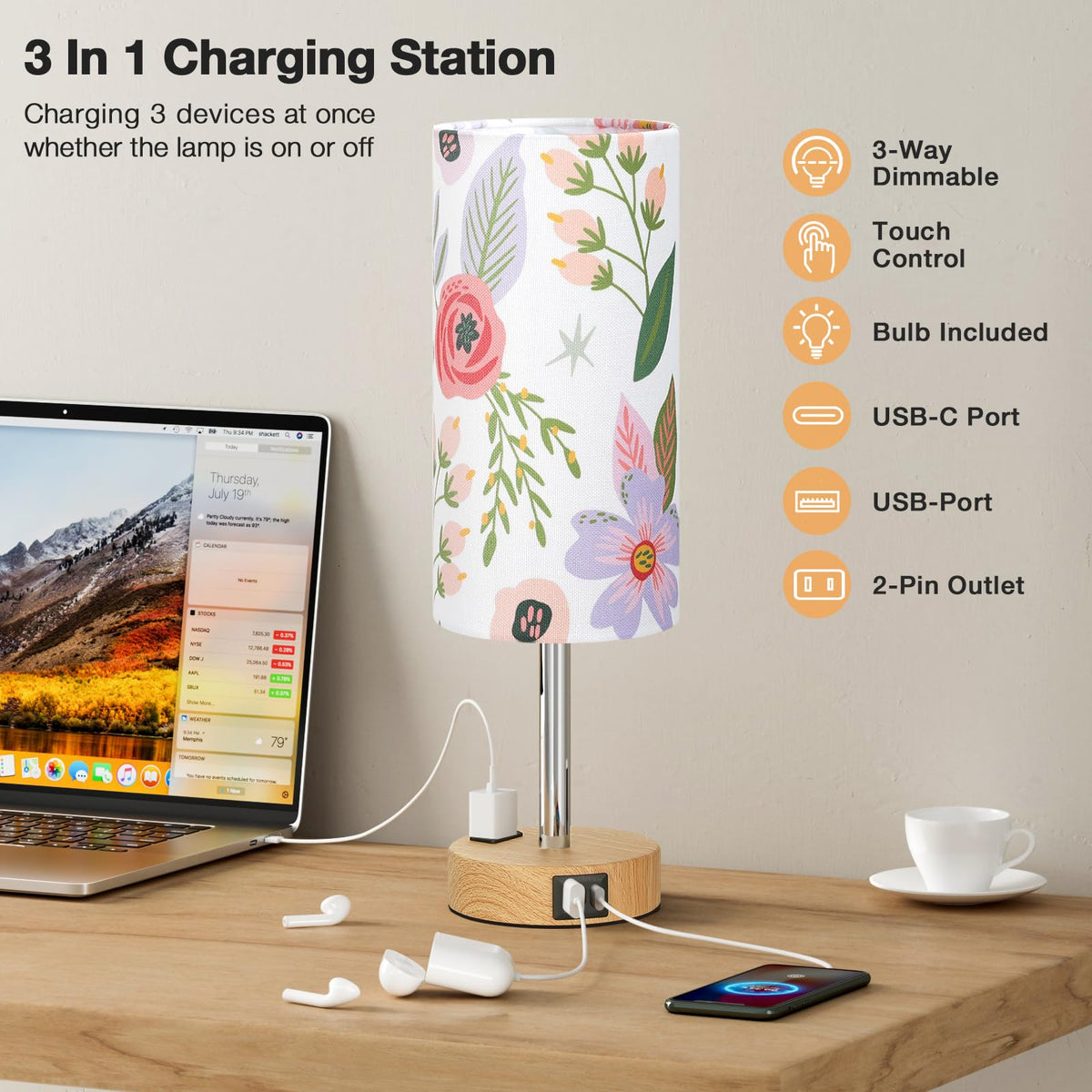 Floral Bedside Lamp for Bedroom (Floral Shade-Wood Base / 14")