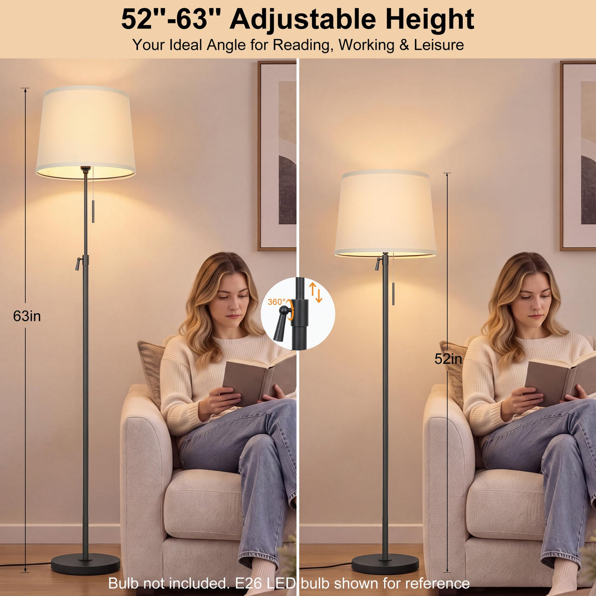 52" 63" Black Adjustable Floor Lamp (Black+Beige Linen Shade)