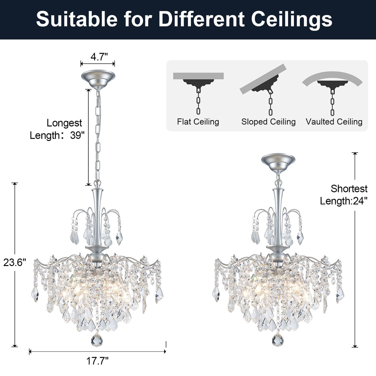 Modern Crystal Chandelier (Silver / H 23.6" x W 17.7")