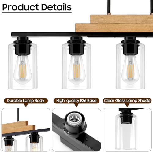 5 Light Wood Dining Room Light Fixture Over Table with Clear Glass Shade (Black & Beige / 5-Light)