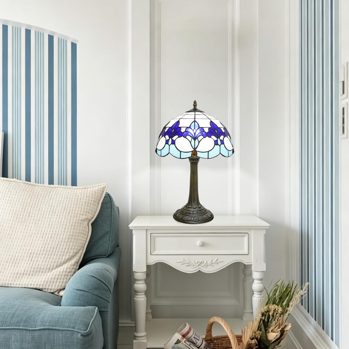 Tiffany Lamp Stained Glass Lamp Blue And White Iris Bedside Table Lamp Village Retro Rustic Style Nightstand Living Room Bedroom Office Kitchen Home Decor Accent Mid Century Reading Desk Light 12 Inch (Iris Flower Lamp)