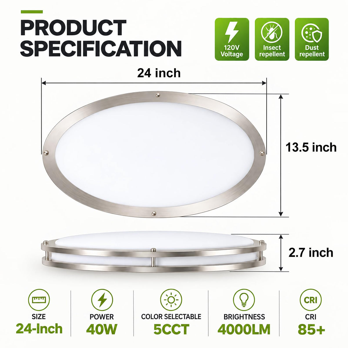 24 Inch Oval Flush Mount Ceiling Light Fixtures 40W 5CCT Selectable (Silver / 24 Inch)