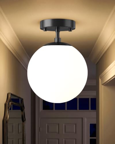 Semi Flush Mount Ceiling Light 8" Globe Mid Century Modern Light Fixture Milk Glass with Matte Black Finish Light Fixtures for Hallway Entryway Kitchen Island Closet Laundry Bathroom (Black-8" / 1 Pack)