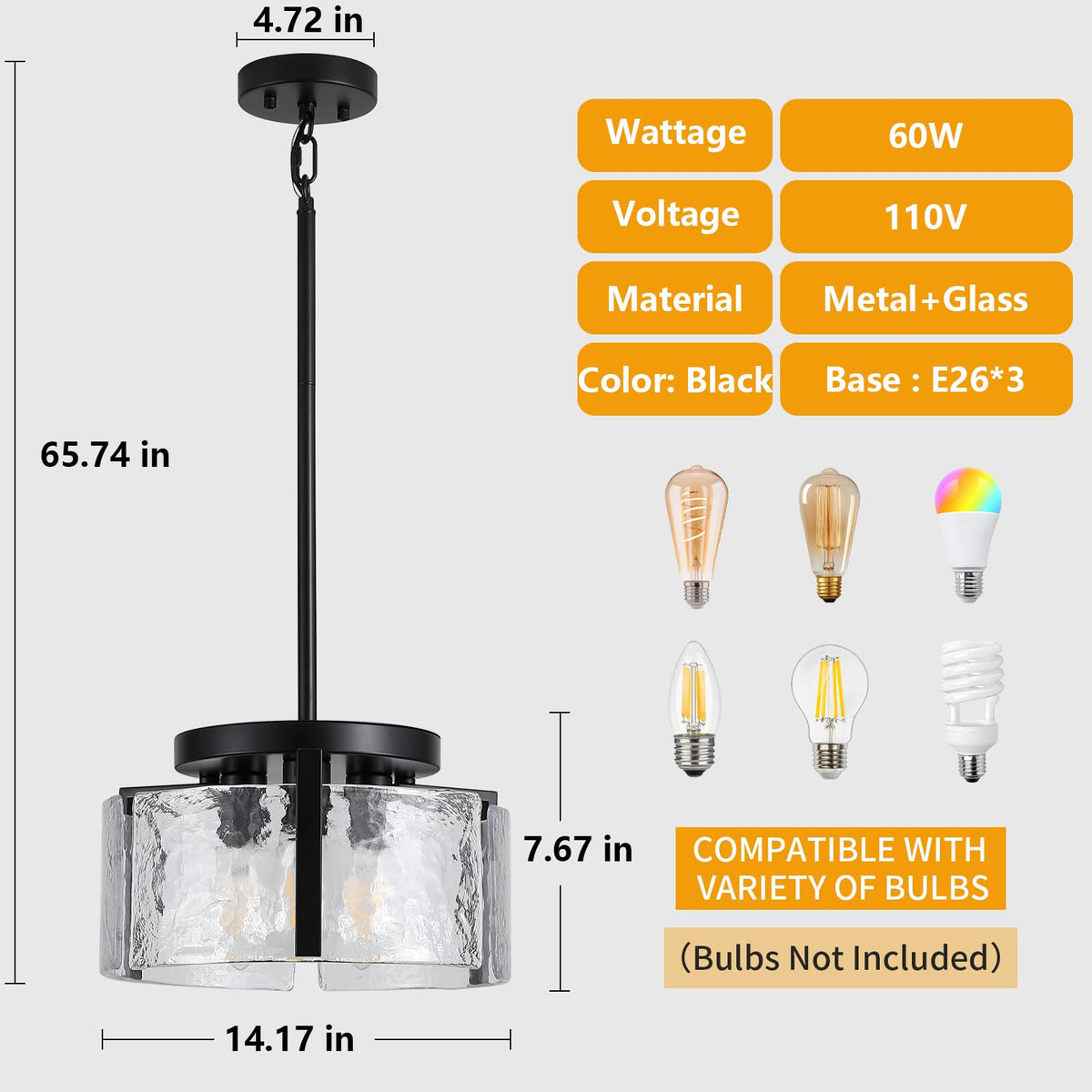 Glass Drum Chandelier for Dining Room (Black / 3-Light)