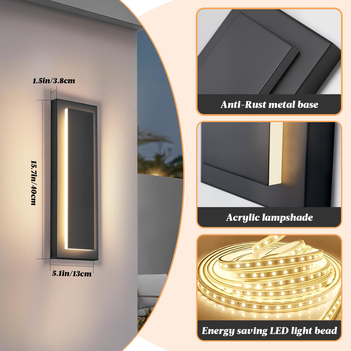 15.7 in Outdoor Wall Sconce Light (Black 1-tier Modern Design / 15.7 Inches（40 cm）)