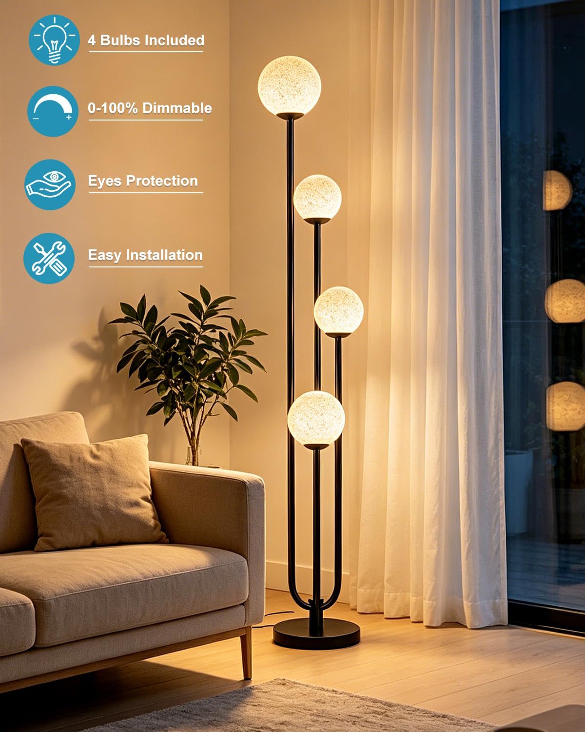 4 Light Globe Floor Lamp Black Unique Dimmable Floor Lamps 4 (Black-4UA1)