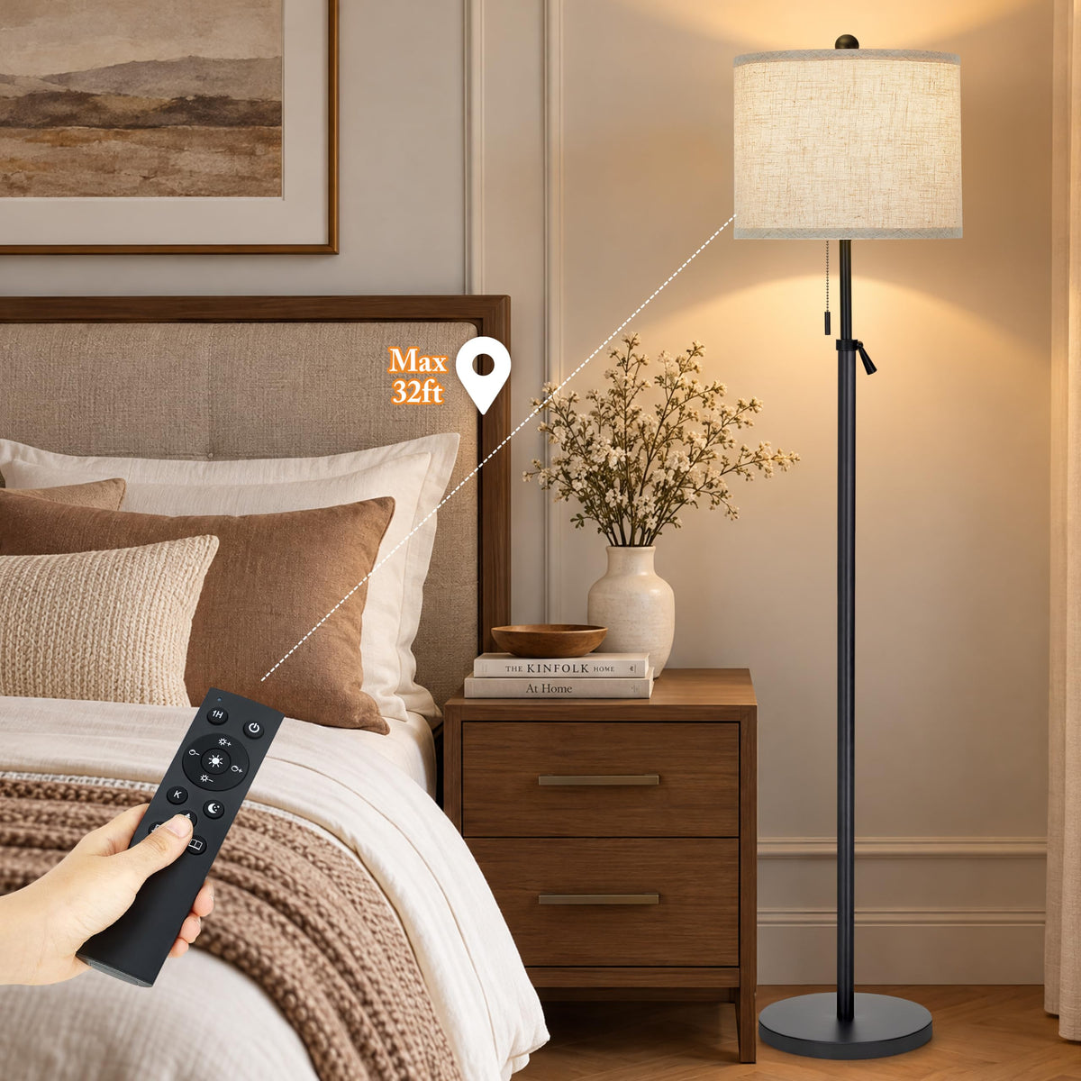 61 69" Adjustable Floor Lamp  with Remote and Stepless Dimmable Bulb (Black)