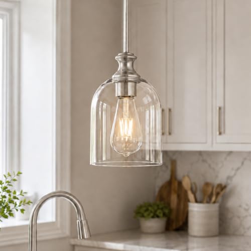 Modern Brushed Nickel Pendant Lights Kitchen Island Cylinder Glass (1 Pack-Brushed Nickel+Clear Glass(Easy to install))