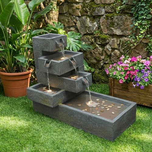 26" H Outdoor Water Fountain with 4 Tiers Cascading Rock Texture (49.5H / Deep Gray)