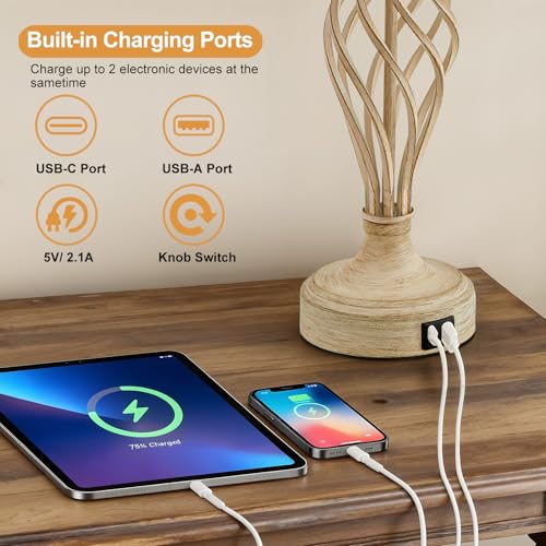 Table Lamp for Bedroom Set of 2 with USB C+A Ports (Beige Base + Light Oat Color Shade)