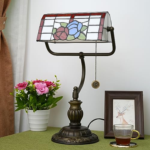 Tiffany Bankers Lamp Red Blue Rose Flowers Stained Glass Desk Lamp with Zipper Pull Chain Tiffany Style Vintage Bedroom Bedside Light Adjustable Angle Aesthetic Antique Accent Reading Desk Light (Red Blue Rose Flowers)