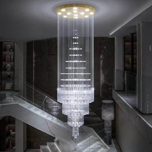 D32''X H110'' Large Crystal Chandeliers for High Ceiling Modern Gold Raindrop Chandelier Stairway Chandelier Crystal Flush Mount Ceiling Light for Living Room Staircaes Foyer (Gold / D32"X H110")