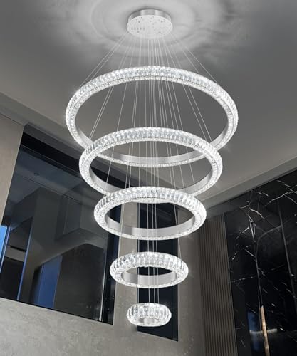 5 Ring Large Crystal Chandelier Modern LED Dimmable High Ceiling Chandelier Ring Contemporary Pendant Light Fixture for Living Room Foyer Staircase Gold D40'' (Silver / 5 Ring Round 40")