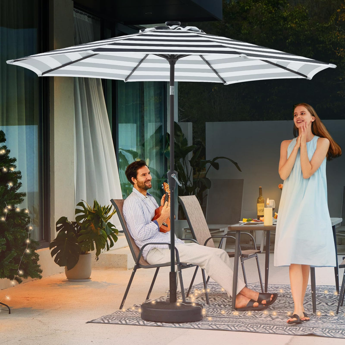 9' Patio Umbrella with Solar Lights (9 ft / Black & White Stripe)
