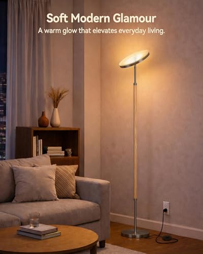 Wood LED Torchiere Floor Lamp with Remote (Natural Wood & Brushed Black Nickel)