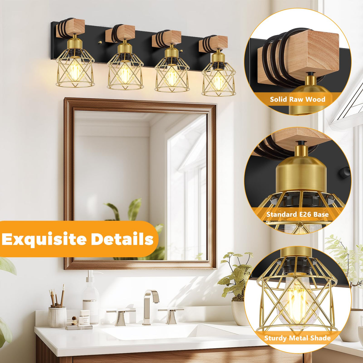 Farmhouse Bathroom Vanity Light Fixtures (Black & Gold / 4-Lights)