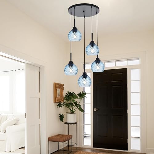 5 Light Cluster Pendant Lighting with Striped Swirl Globe Glass Blue Pendant Light for Kitchen Island (Blue / 5-Light-Round Cluster)