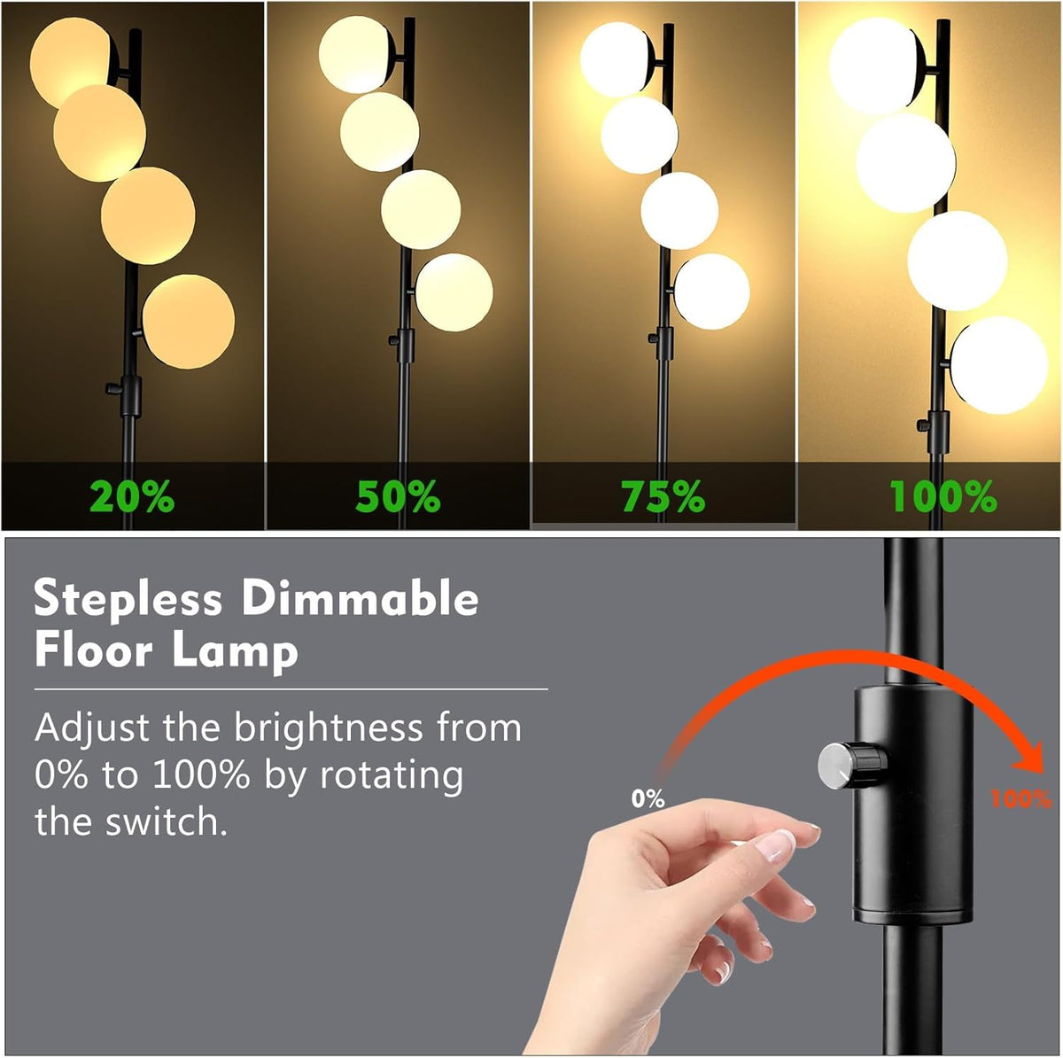 Black Globe Floor Lamp Dimmable 64IN Tall Standing Lamps with Soft Warm White Eye Care 3000K G9 Bulbs (Black-4)