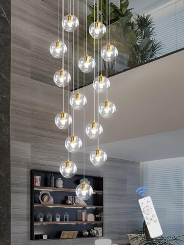 15 Light Gold Chandelier with Globe Glass Dimmable Ceiling Light Glass Pendant Light for Kitchen Island (Gold-Clear / Globe 15-Light)