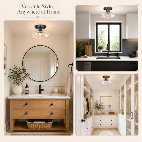 Elegant Black Semi Flush Mount Ceiling Light (Black & Hammered Glass / 8in)