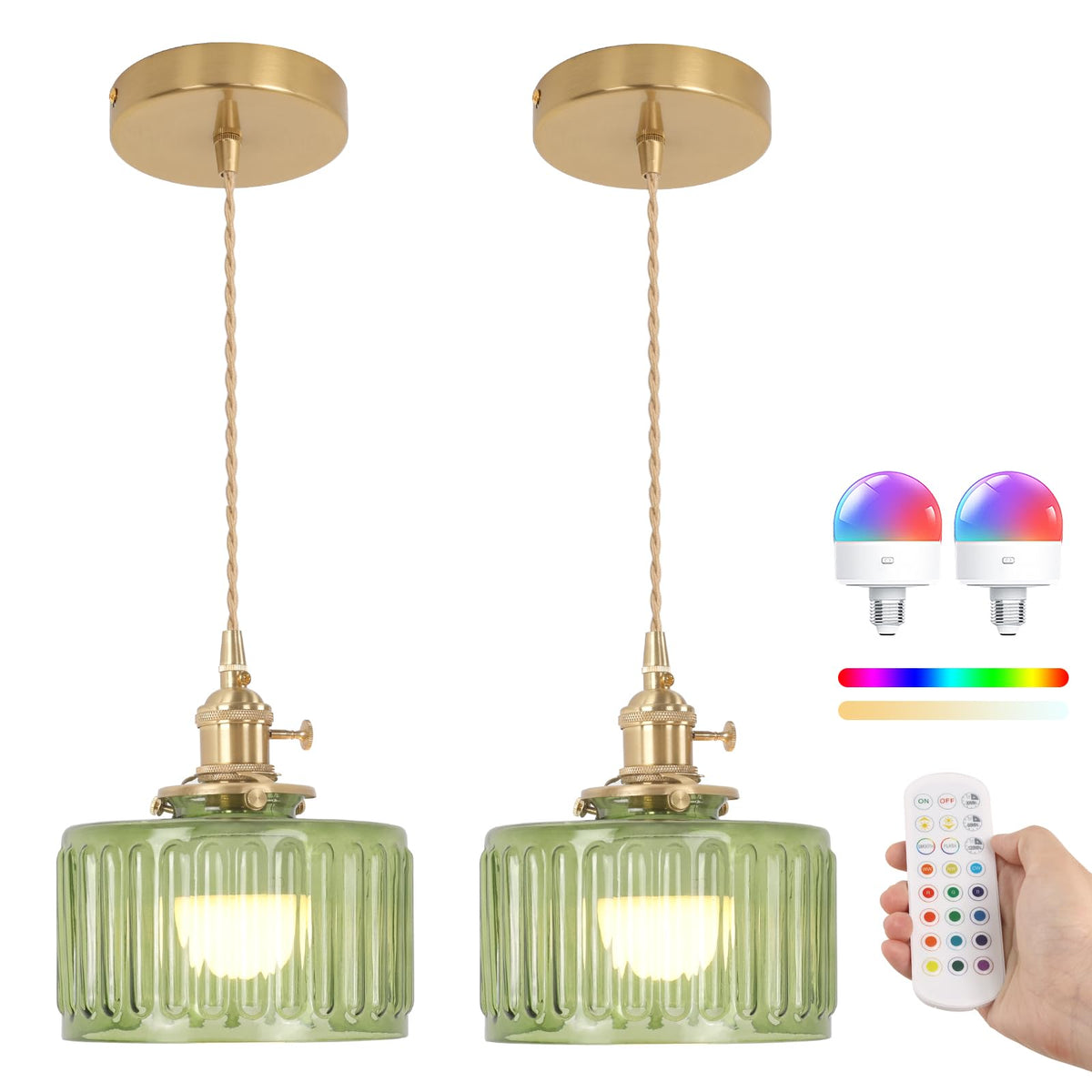 Battery Operated Pendant Light 5000mAh Rechargeable Chandelier with Remote Control Wireless Adjustable Hanging Green Striped Light for Kitchen Island Dining Room Hallway (Z-Striped Green new)