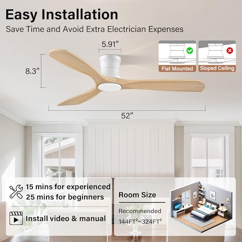52Inch Wood Flush Mount Ceiling Fans with Lights Remote (Light Wood& White)