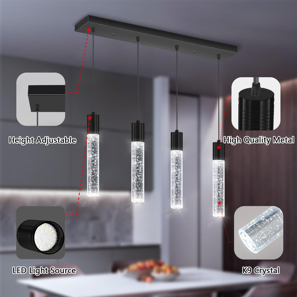 4 Lights Mini Modern Crystal Chandeliers for Kitchen Island Pendants Lighting Fixture LED Ceiling Light for Dining Room Bedroom Foyer 6000K (Black / 4-lights)