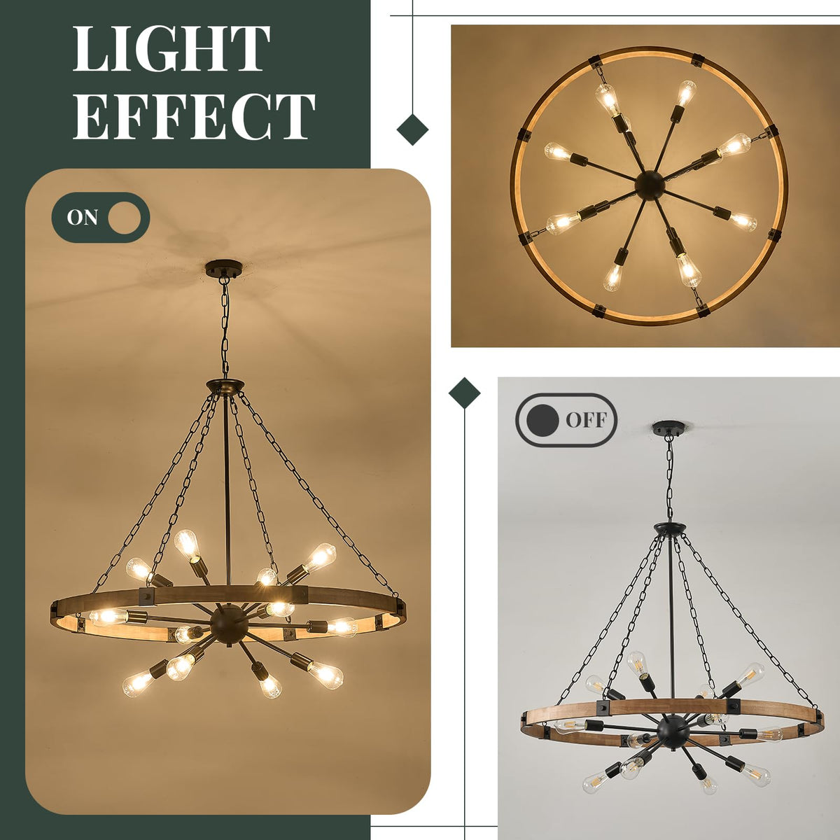Farmhouse Wagon Wheel Chandelier 43" Wooden Chandelier Light Fixture (Oak / 43 inch 12-Light)