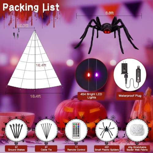 Halloween Sipder Web Lights 454 LED 16.4 FT Tall with Red Eyes Giant Spider (Orange&Purple / 16.4FT)