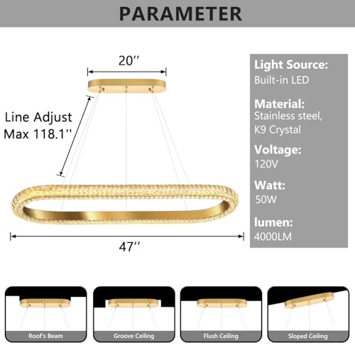 47'' Oval Ring Crystal Chandelier Modern LED Dimmable Ring Pendant Light Chandelier for Dining Room Living Room Gold (Gold / 1 Ring Oval 47")