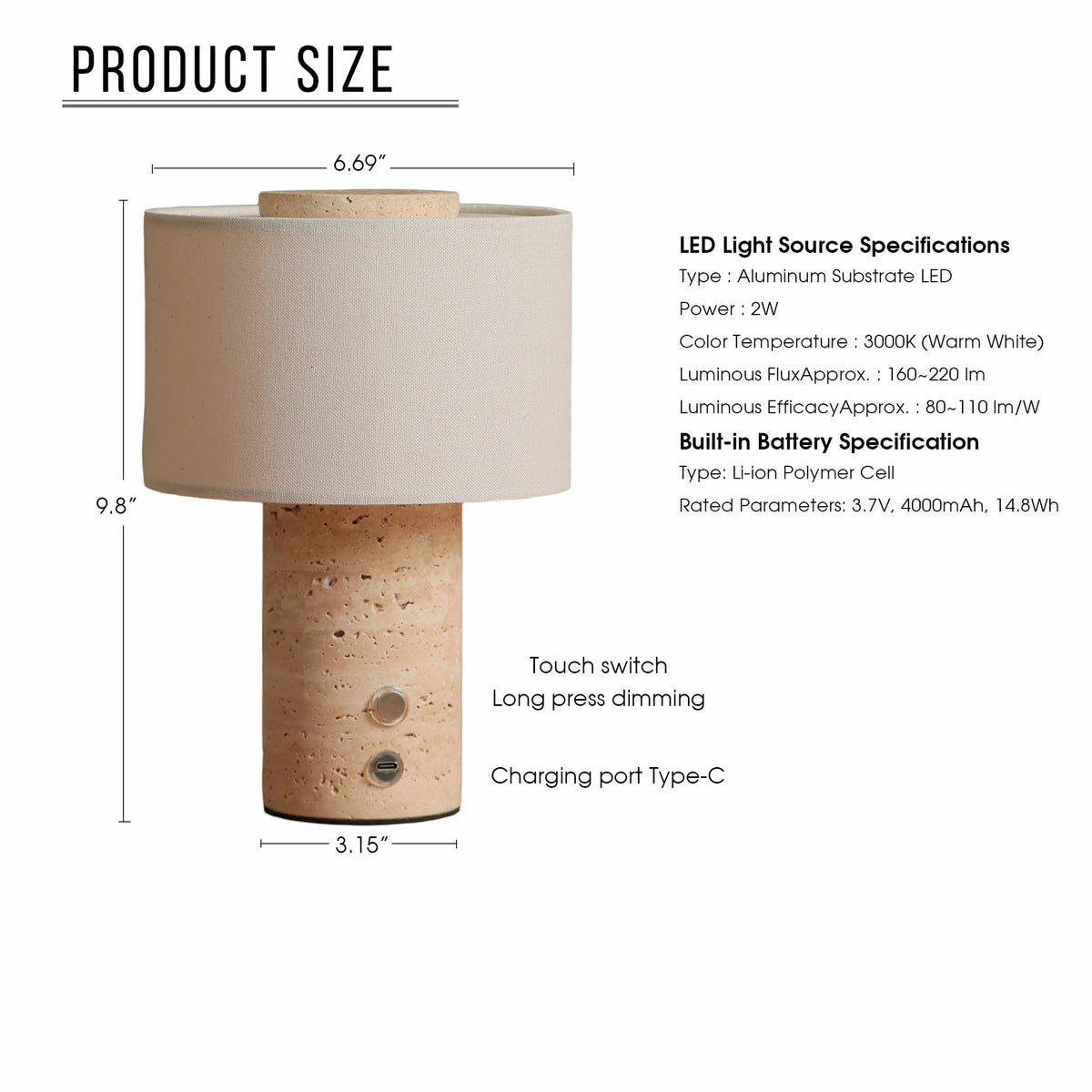 Marble Lamp Rechargeable Cordless Stone Touch Table Lamp (Travertine Stone)
