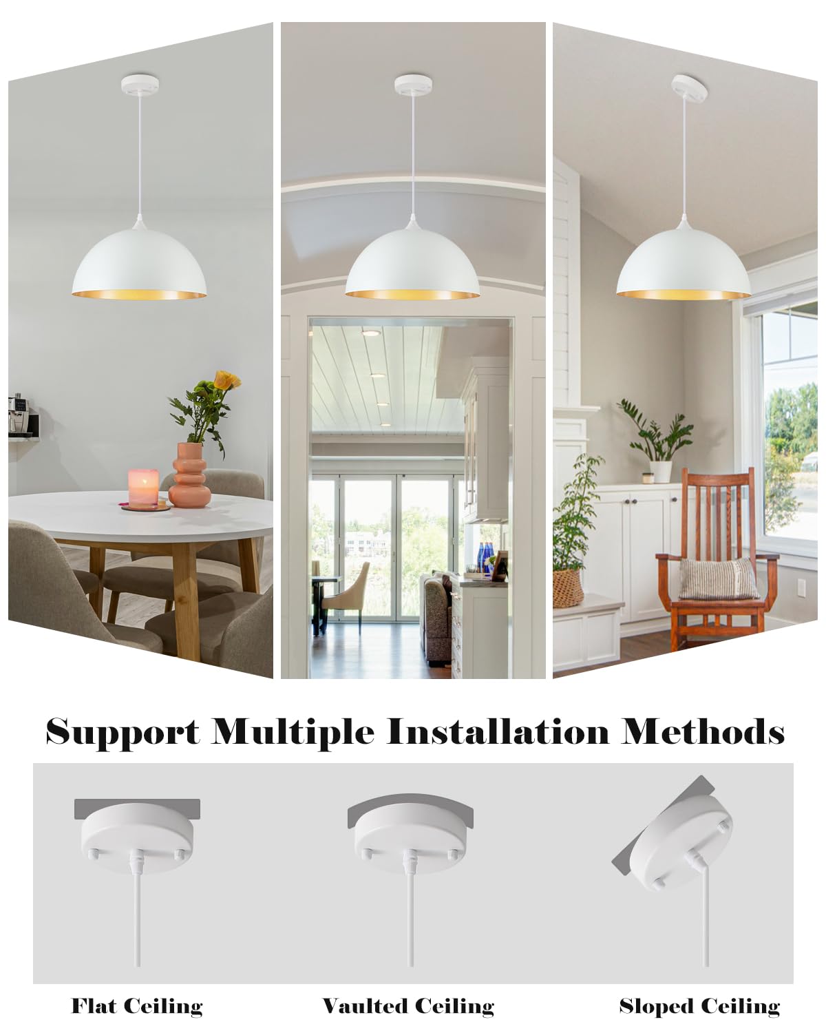 White and Gold Dome Pendant Light (White+Gold / 16"x2)