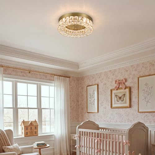 Crystal LED Flush Mount Ceiling Light Fixtures Modern Solid Gold LED Chandelier Lighting for Kitchen Closet Hallway Bedroom Foyer Laundry Room (14" Flush Mount GD)