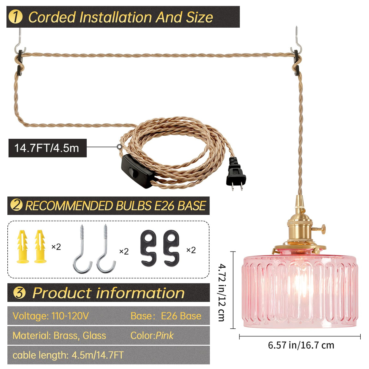Plug in Pendant Light Hanging Light Fixtures with Plugin Cord On (Pink)
