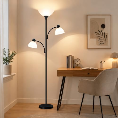 72" 3 Head Torchiere Floor Lamps with 2 Reading Lamp for Living Room (Black)