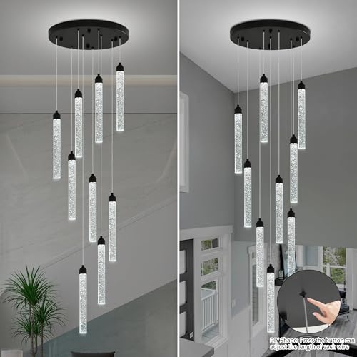 9 Lights High Ceiling Crystal Staircase Chandelier Black Pendant Lights Modern Spiral Raindrop Dimmable LED Bubble Cluster Ceiling Hanging Lighting Fixture for Foyer Living Room Remote Control (Black / 9 lights)