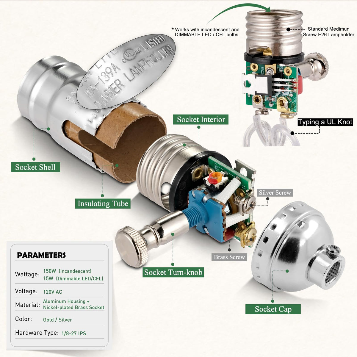 Full Range Dimmer Lamp Socket (Silver Color)
