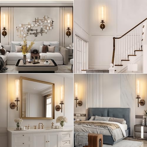 19.5" Knurled Brass Wall Sconces Set of 2 (Bronze-Crackle Tube / 19.5″-2 Pack)